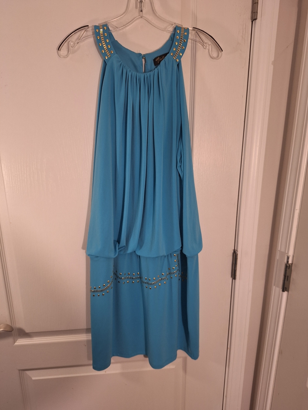 Thalia Sodi Turquoise Blue Halter Dress with Gold Studs